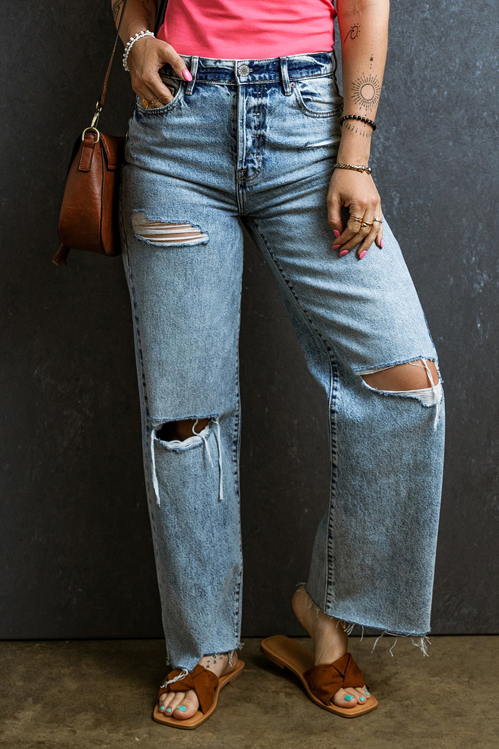 Distressed Raw Hem Straight Jeans - Pahabu - Women's Clothing & Shop