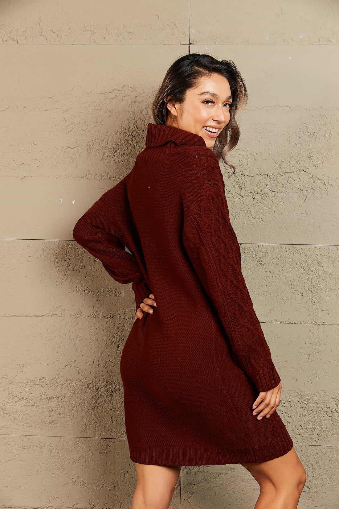 Woven Right Full Size Mixed Knit Cowl Neck Dropped Shoulder Sweater Dress - Pahabu - Women's Clothing & Shop