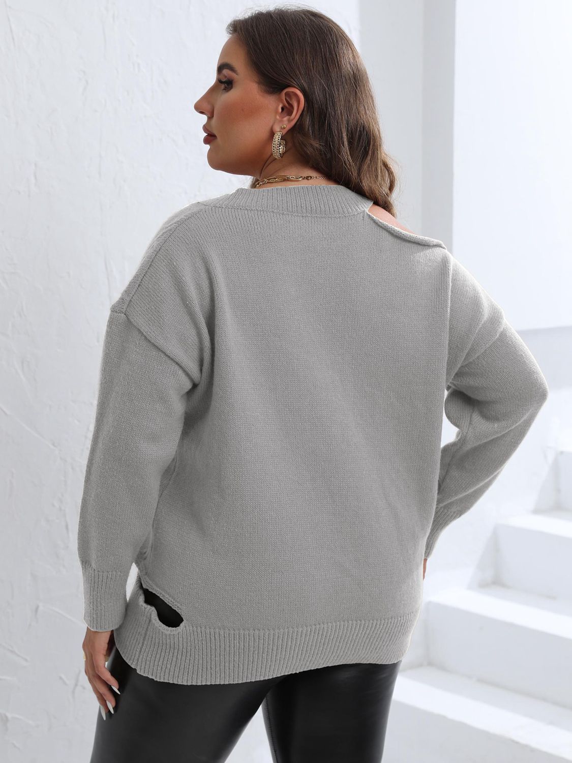 Plus Size Cutout V-Neck Sweater - Pahabu - Women's Clothing & Shop