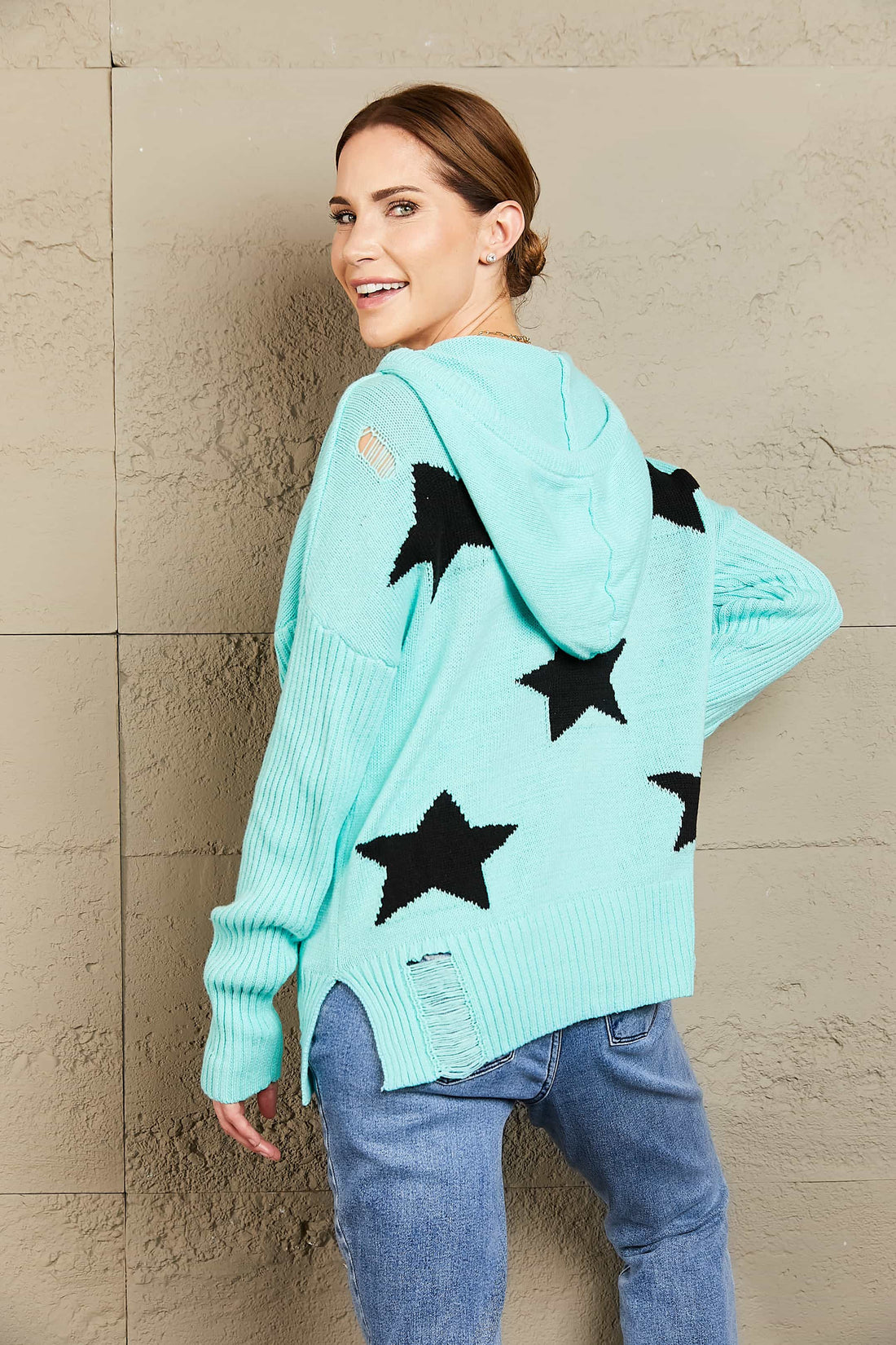 Woven Right Star Distressed Slit Hooded Sweater - Pahabu - Women's Clothing & Shop