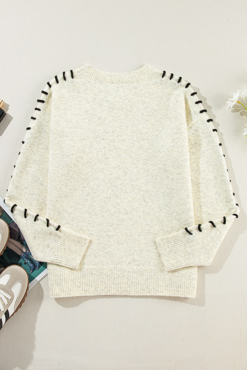 Contrast Stitch Detail Ribbed Trim Sweater - Pahabu - Women's Clothing & Shop