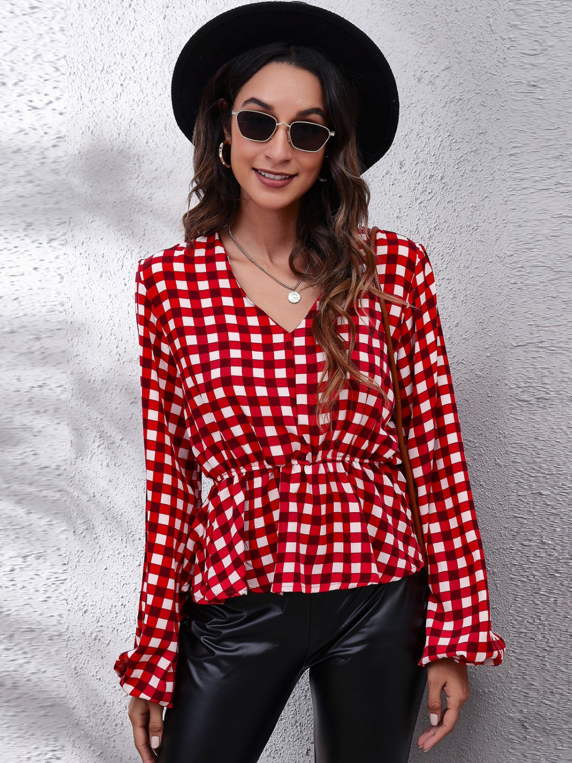 Plaid V-Neck Balloon Sleeve Peplum Blouse - Pahabu - Women's Clothing & Shop