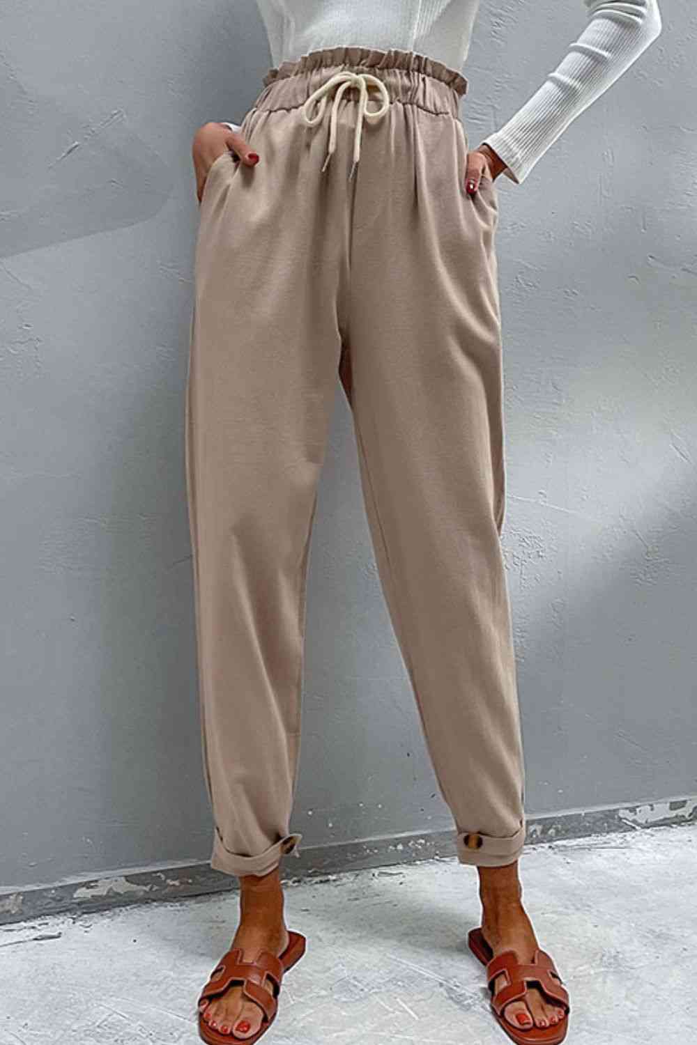 Perfee Drawstring Paperbag Waist Button Detail Pants - Pahabu - Women's Clothing & Shop