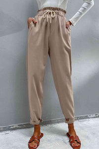 Perfee Drawstring Paperbag Waist Button Detail Pants - Pahabu - Women's Clothing & Shop