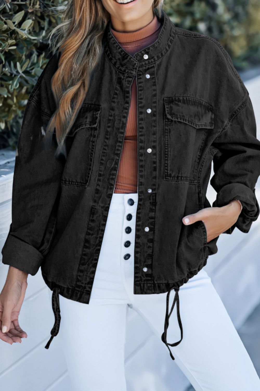 Drawstring Snap Down Denim Jacket with Chest Pockets - Pahabu - Women's Clothing & Shop