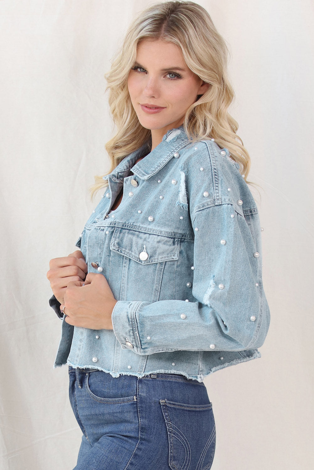 Distressed Pearl Trim Button Up Denim Jacket - Pahabu - Women's Clothing & Shop