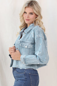 Distressed Pearl Trim Button Up Denim Jacket - Pahabu - Women's Clothing & Shop