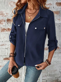 Zip Up Collared Neck Roll-Tab Sleeve Jacket - Pahabu - Women's Clothing & Shop