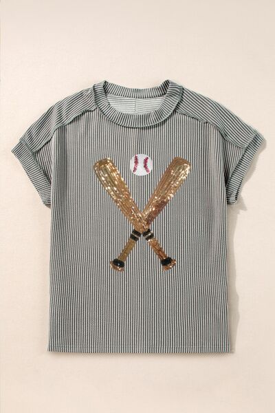 Sequin Baseball Round Neck Short Sleeve T-Shirt - Pahabu - Women's Clothing & Shop