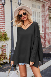 Slit V-Neck Dropped Shoulder Sweater - Pahabu - Women's Clothing & Shop