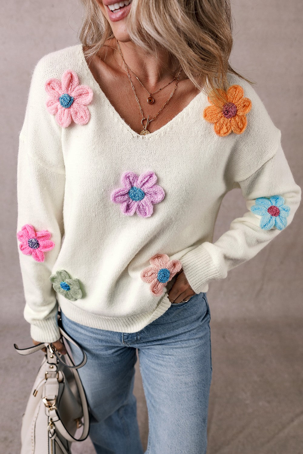 Crochet Flower V-Neck Long Sleeve Sweater - Pahabu - Women's Clothing & Shop