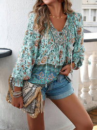 Devine Bohemian Tie Neck Lantern Sleeve Blouse - Pahabu - Women's Clothing & Shop