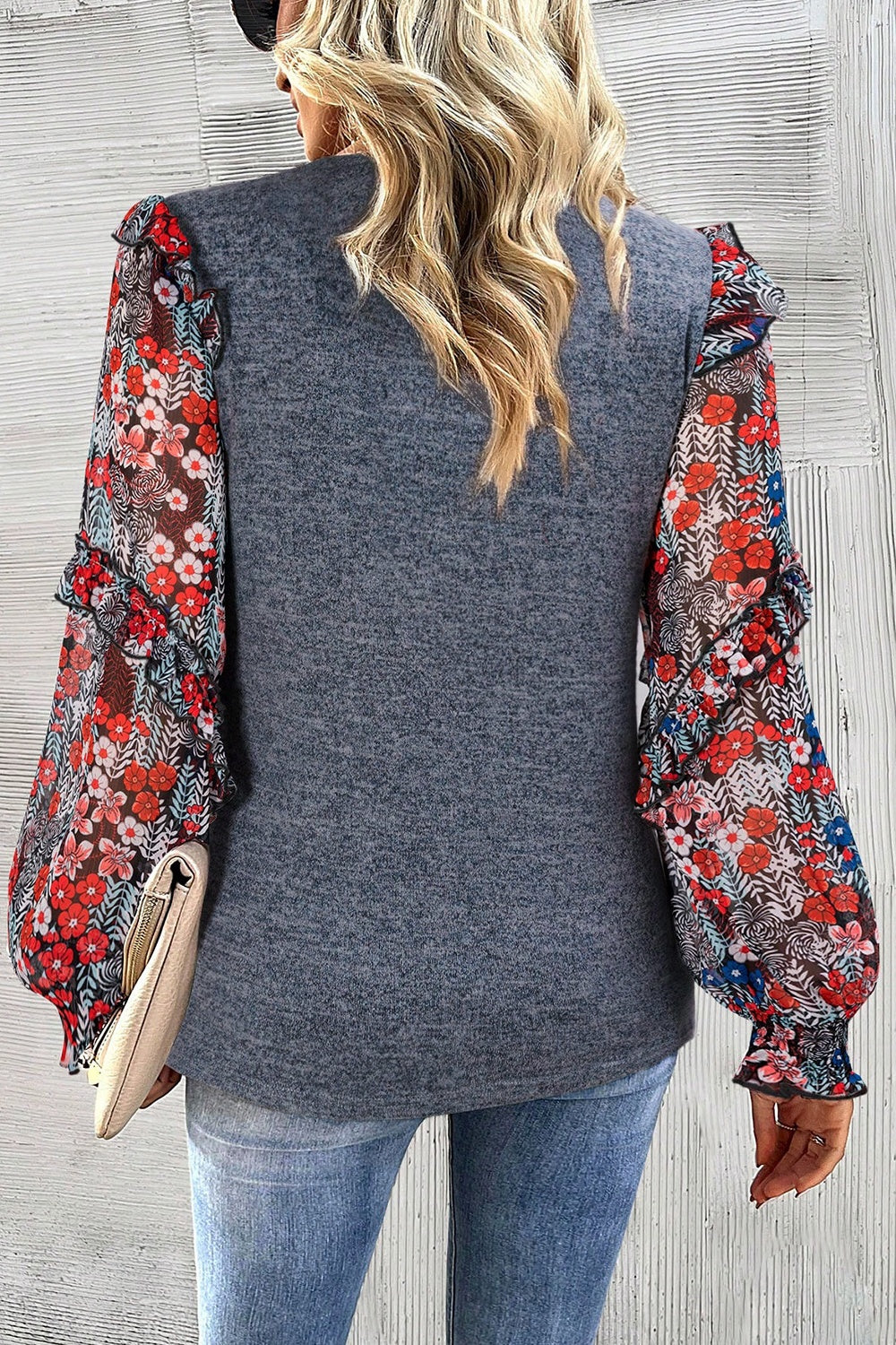 Heathered Floral Frill Lantern Sleeve Blouse - Pahabu - Women's Clothing & Shop