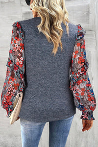 Heathered Floral Frill Lantern Sleeve Blouse - Pahabu - Women's Clothing & Shop