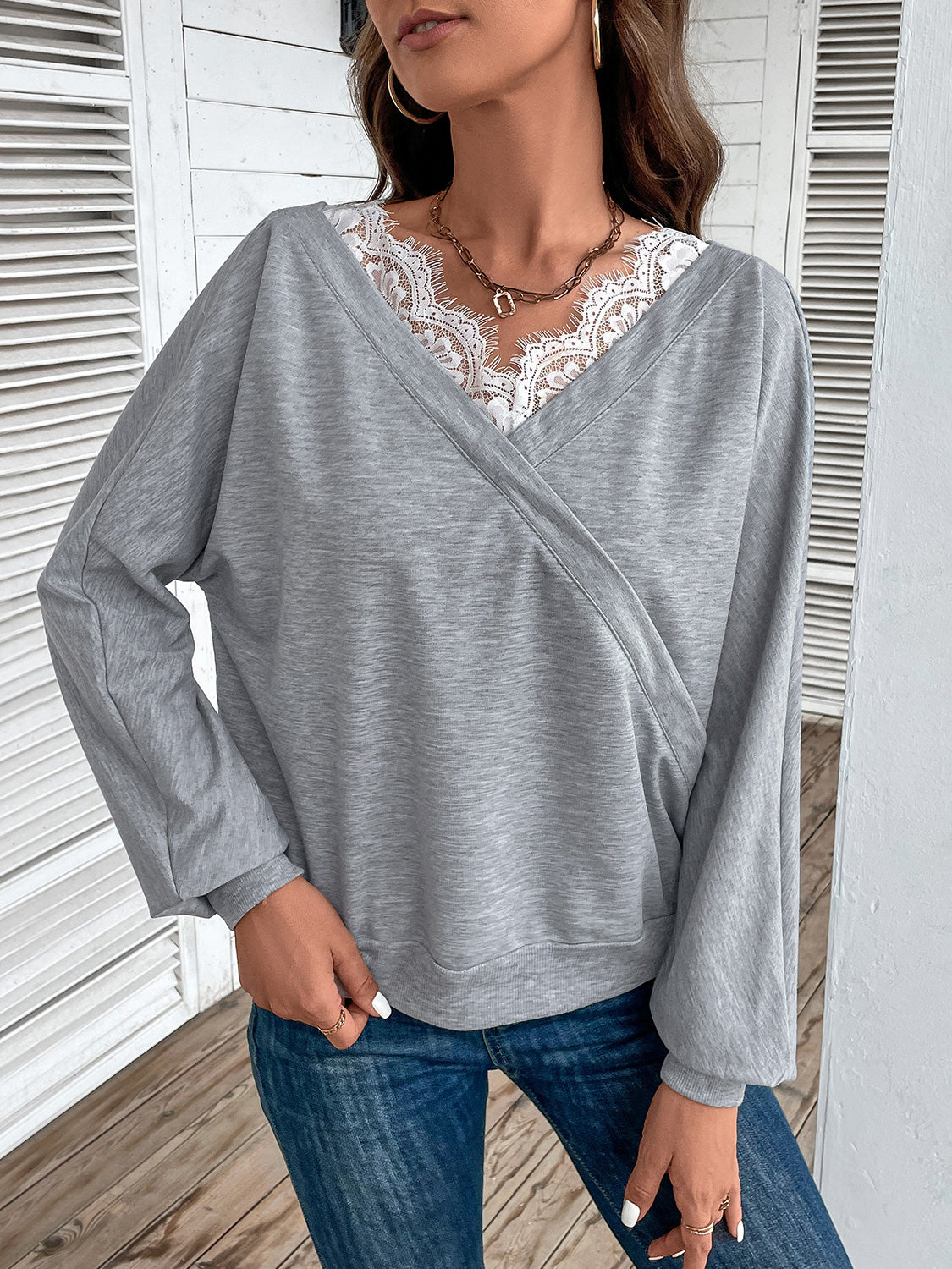 Perfee Lace Detail Long Sleeve Top - Pahabu - Women's Clothing & Shop