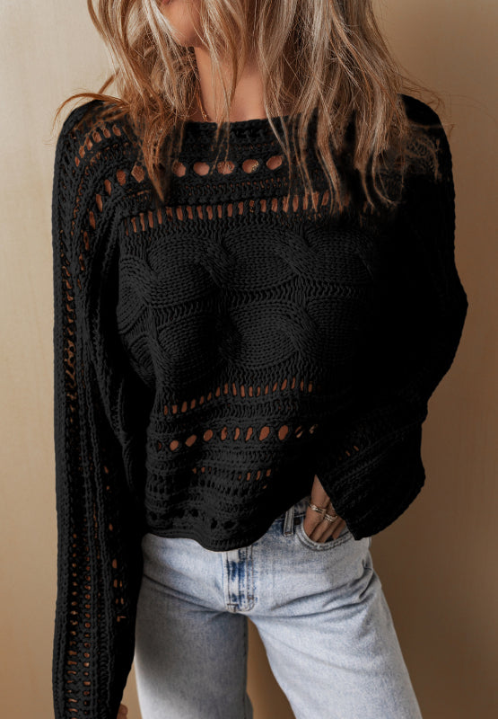 Openwork Cable Knit Long Sleeve Sweater - Pahabu - Women's Clothing & Shop