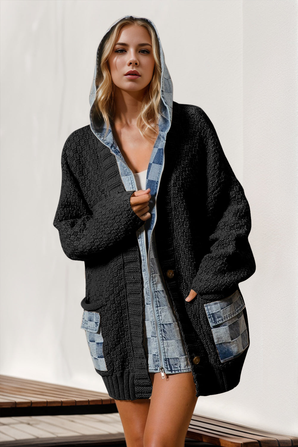 Double Take Full Size Hooded Denim Spliced Sweater Cardigan - Pahabu - Women's Clothing & Shop