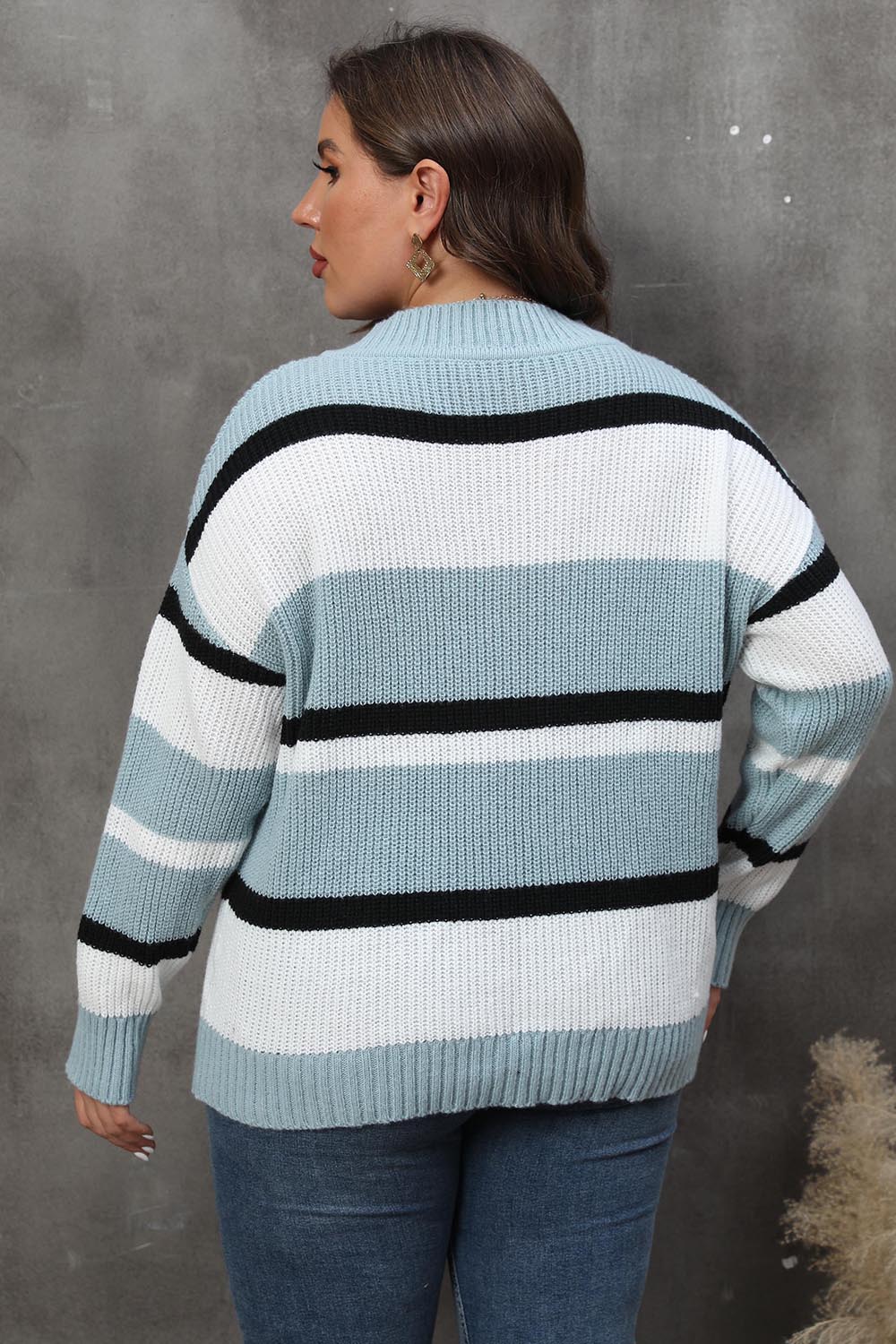 Plus Size Striped V-Neck Dropped Shoulder Sweater - Pahabu - Women's Clothing & Shop
