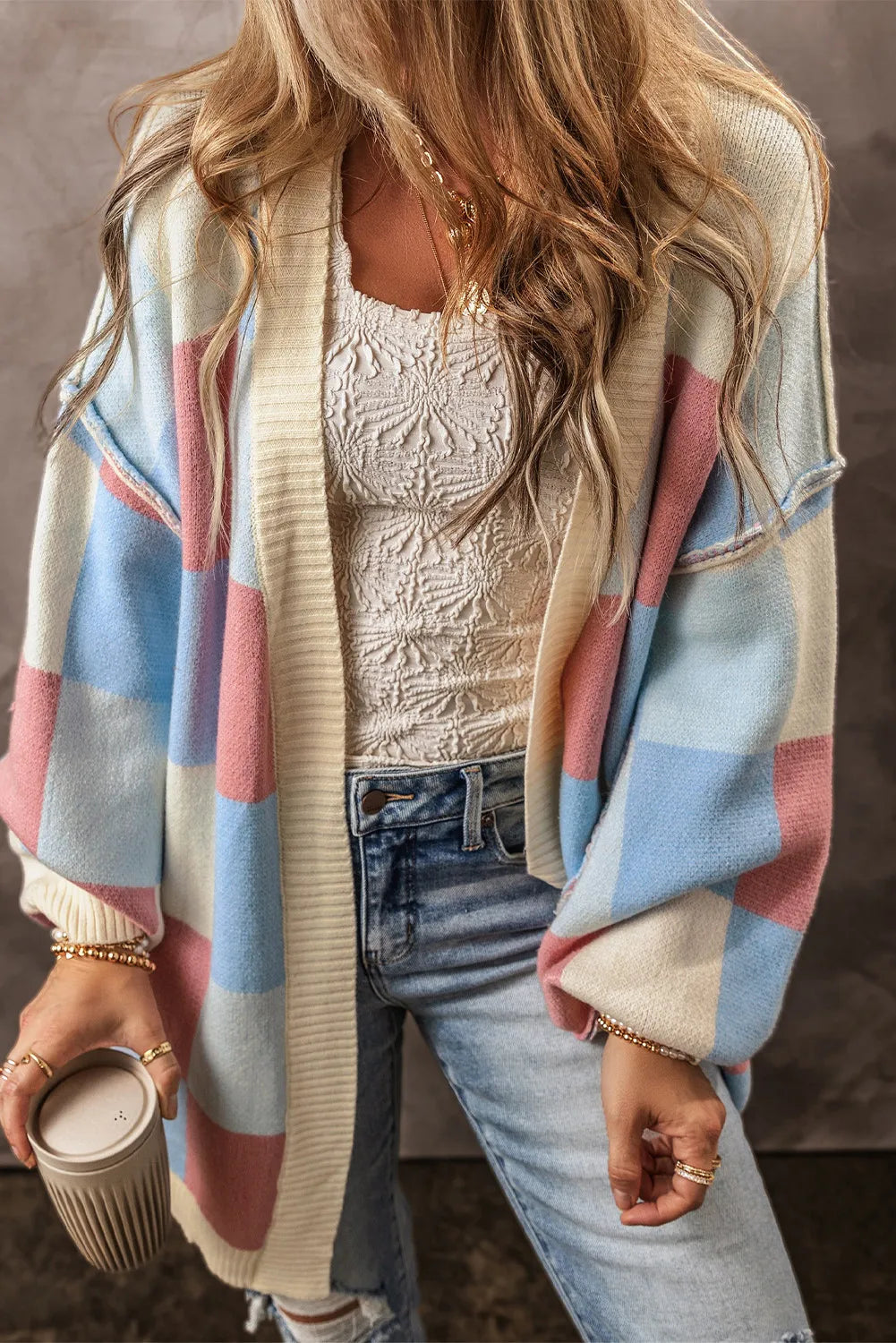 Color Block Open Front Long Sleeve Cardigan - Pahabu - Women's Clothing & Shop