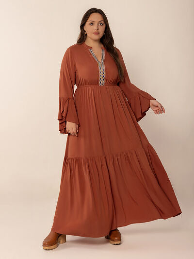 Plus Size Ruffled Notched Long Sleeve Midi Dress - Pahabu - Women's Clothing & Shop