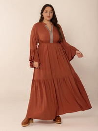 Plus Size Ruffled Notched Long Sleeve Midi Dress - Pahabu - Women's Clothing & Shop