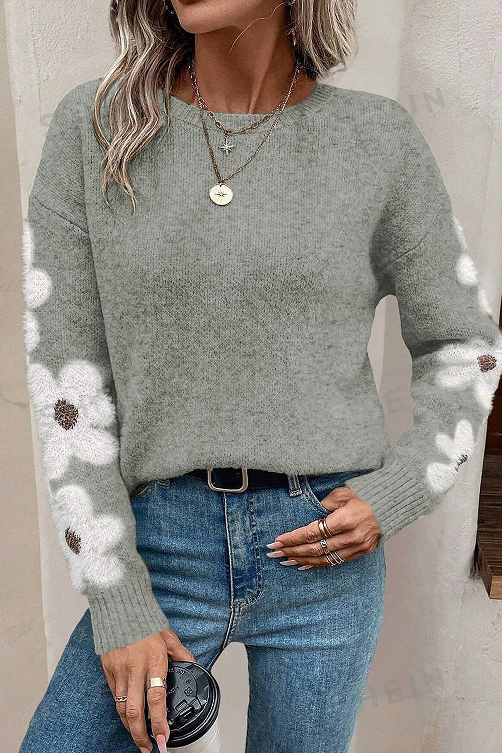 Flower Round Neck Long Sleeve Sweater - Pahabu - Women's Clothing & Shop