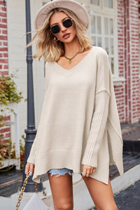 V-Neck Dropped Shoulder Ribbed Long Sleeve Sweater - Pahabu - Women's Clothing & Shop