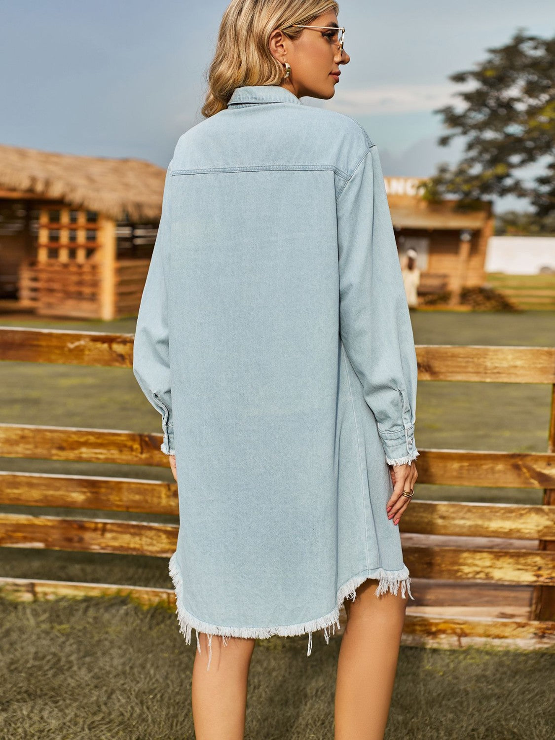 Button Up Collared Neck Raw Hem Denim Dress - Pahabu - Women's Clothing & Shop