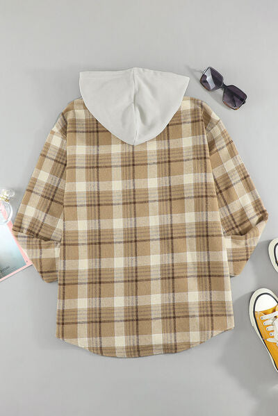 Plaid Button Up Long Sleeve Hooded Jacket - Pahabu - Women's Clothing & Shop