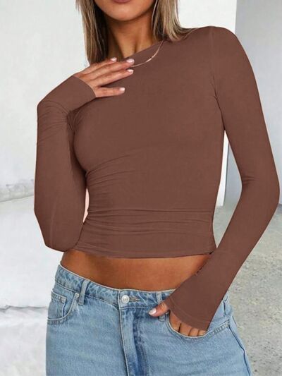 Solid Color Round Neck Long Sleeve T-Shirt - Pahabu - Women's Clothing & Shop