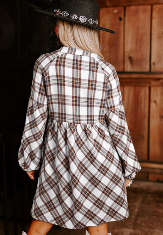 Full Size Plaid Collared Neck Balloon Sleeve Mini Shirt Dress - Pahabu - Women's Clothing & Shop