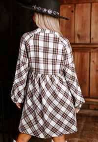 Full Size Plaid Collared Neck Balloon Sleeve Mini Shirt Dress - Pahabu - Women's Clothing & Shop
