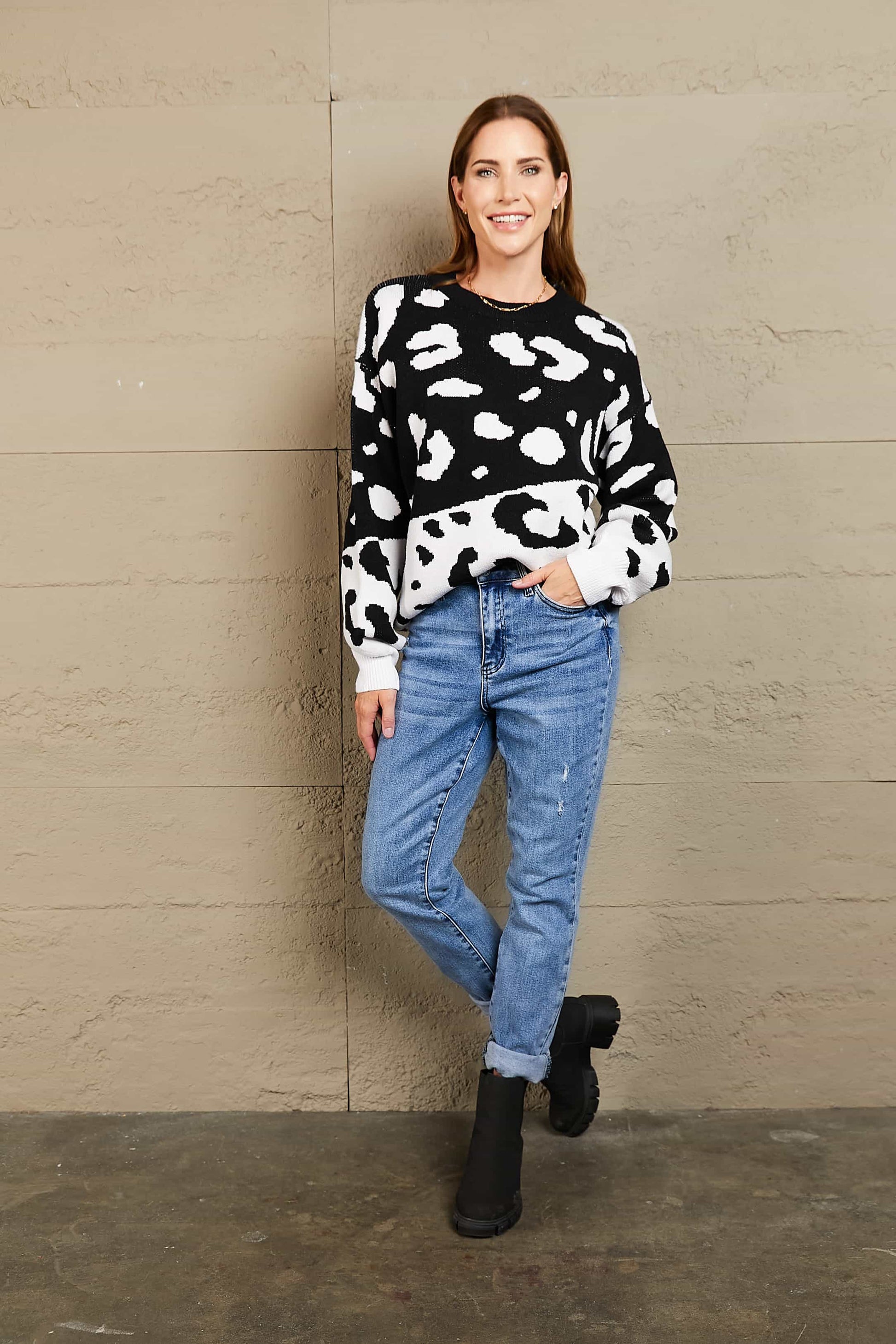 Woven Right Leopard Ribbed Trim Dropped Shoulder Sweater - Pahabu - Women's Clothing & Shop