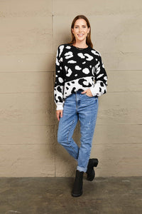 Woven Right Leopard Ribbed Trim Dropped Shoulder Sweater - Pahabu - Women's Clothing & Shop