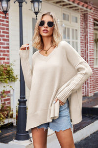 V-Neck Slit Exposed Seam Sweater - Pahabu - Women's Clothing & Shop