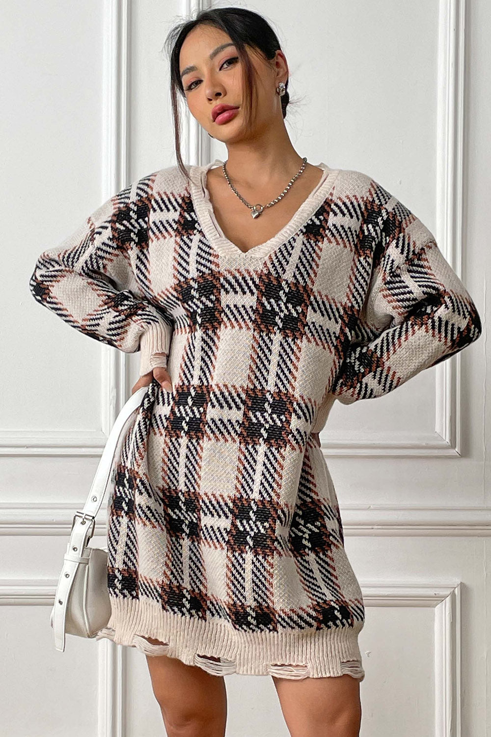Plaid V-Neck Long Sleeve Sweater Dress - Pahabu - Women's Clothing & Shop
