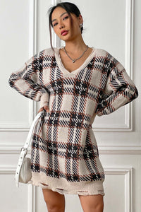 Plaid V-Neck Long Sleeve Sweater Dress - Pahabu - Women's Clothing & Shop