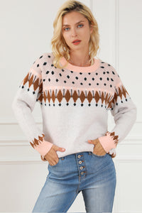 Geometric Round Neck Long Sleeve Sweater - Pahabu - Women's Clothing & Shop