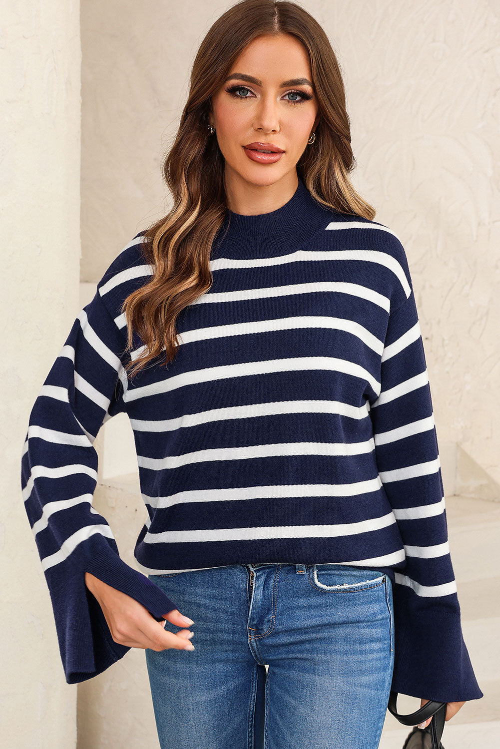 Striped Slit Drop Shoulder Sweater - Pahabu - Women's Clothing & Shop