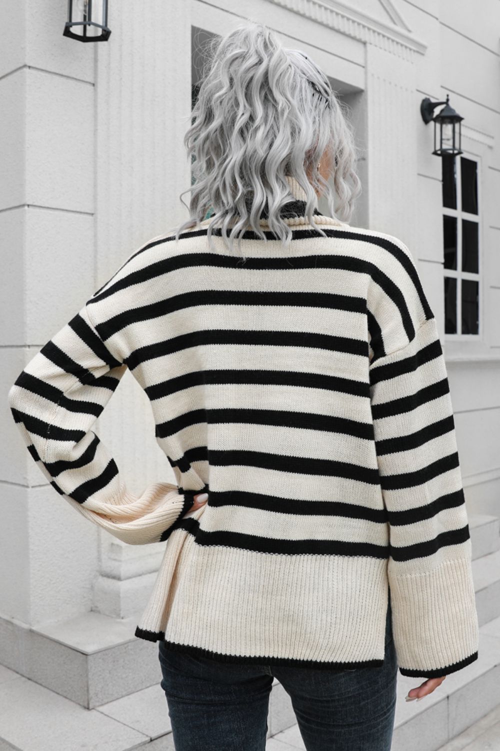 Striped Turtleneck Drop Shoulder Sweater - Pahabu - Women's Clothing & Shop