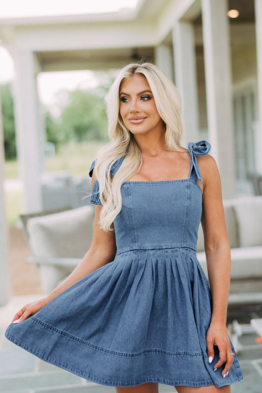 Square Neck Tie Shoulder Denim Dress - Pahabu - Women's Clothing & Shop
