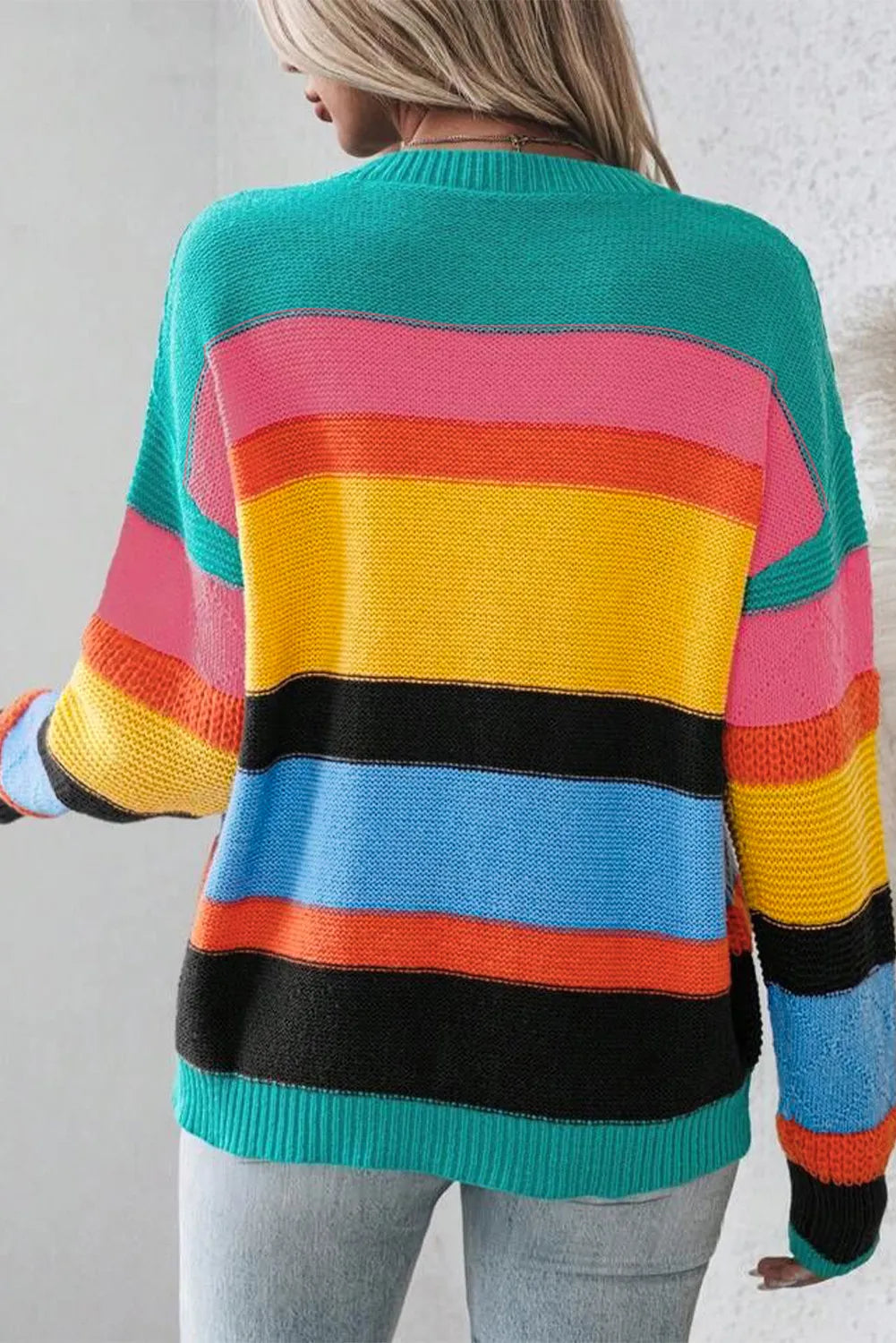 Contrast Round Neck Dropped Shoulder Sweater - Pahabu - Women's Clothing & Shop