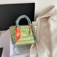 Contrast Woven Handbag with Ribbon - Pahabu - Women's Clothing & Shop