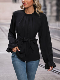 Perfee Round Neck Tie Waist Long Sleeve Blouse - Pahabu - Women's Clothing & Shop