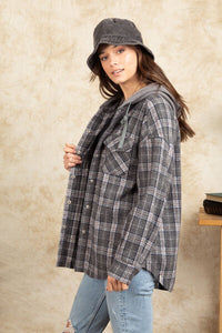 Drawstring Plaid Long Sleeve Hooded Jacket - Pahabu - Women's Clothing & Shop