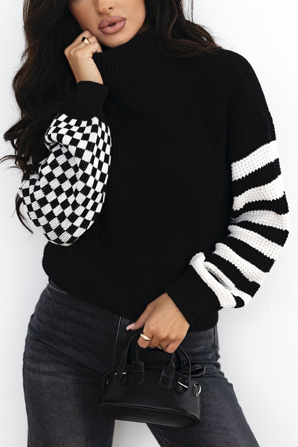Striped & Checkered Turtleneck Dropped Shoulder Sweater - Pahabu - Women's Clothing & Shop