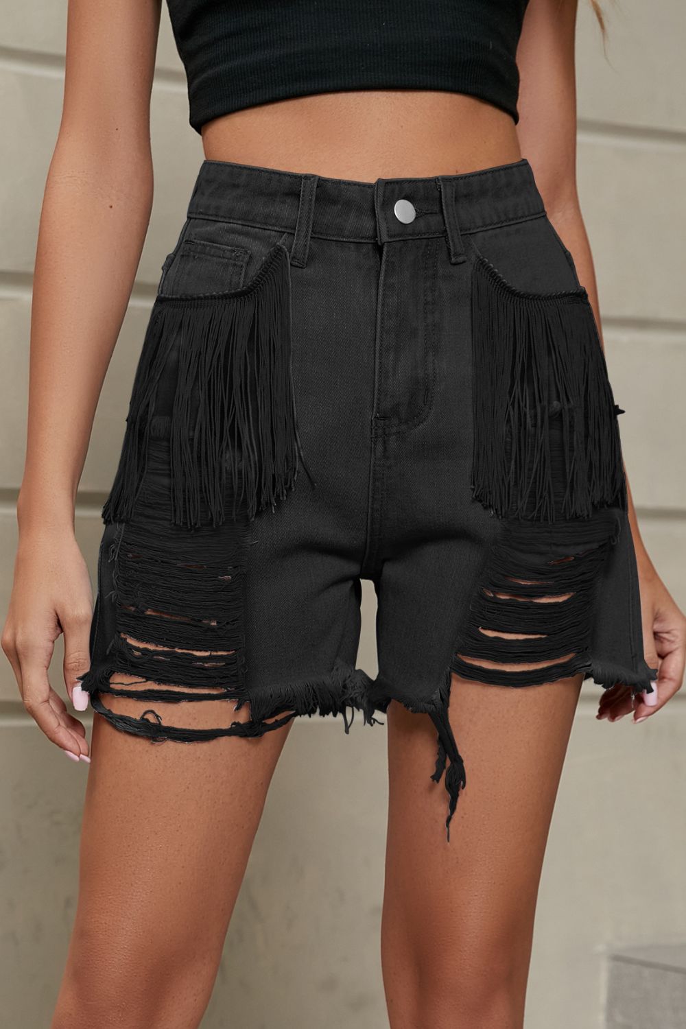 Fringe Trim Distressed Denim Shorts with Pockets - Pahabu - Women's Clothing & Shop