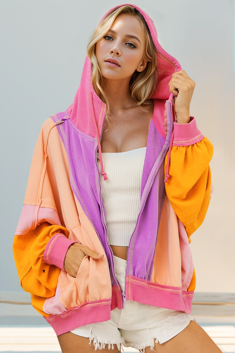 Double Take Full Size Color Block Zip Up Hoodie - Pahabu - Women's Clothing & Shop