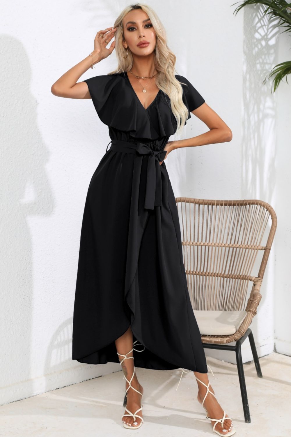 Ruffled Tied V-Neck Midi Dress - Pahabu - Women's Clothing & Shop