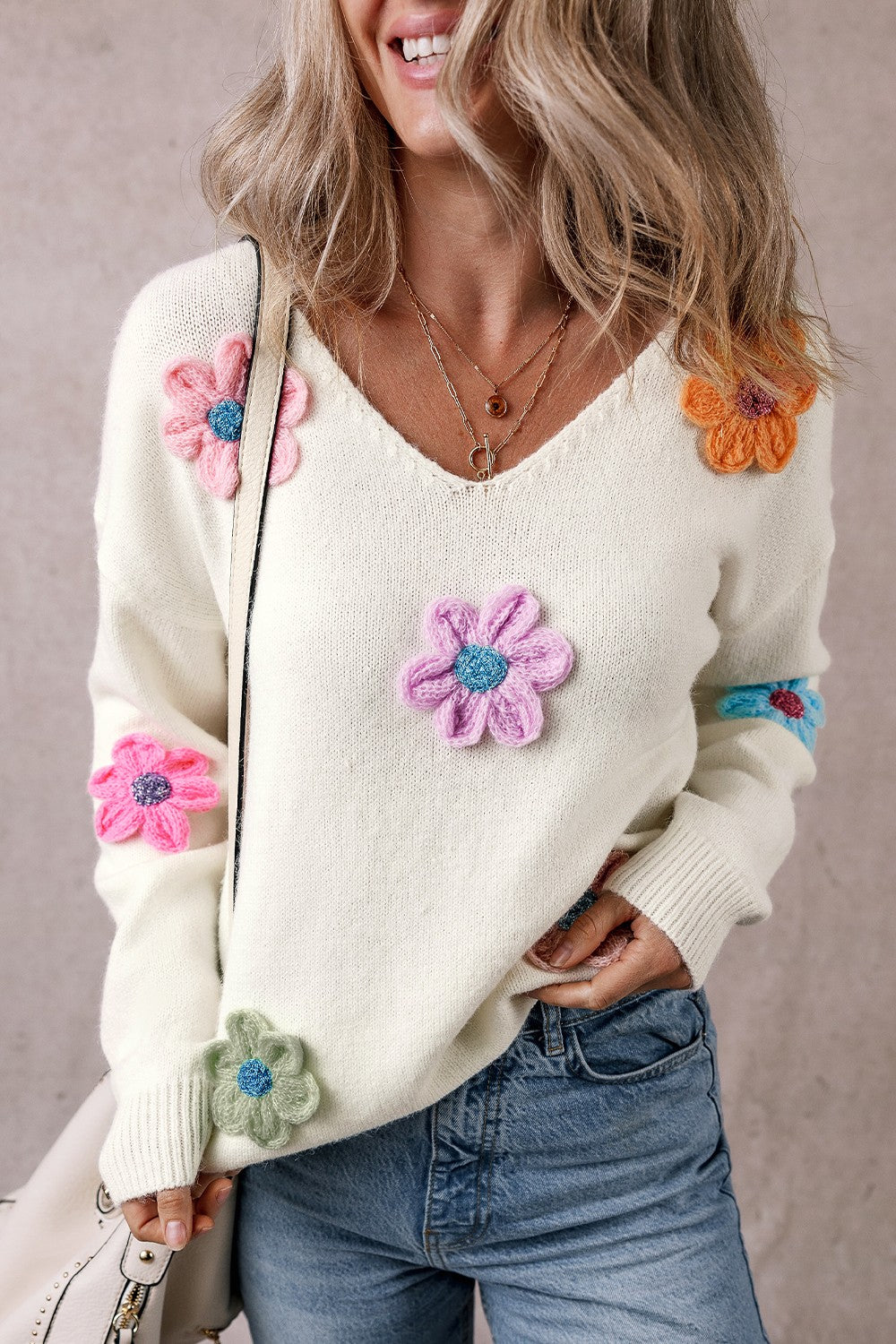 Crochet Flower V-Neck Long Sleeve Sweater - Pahabu - Women's Clothing & Shop